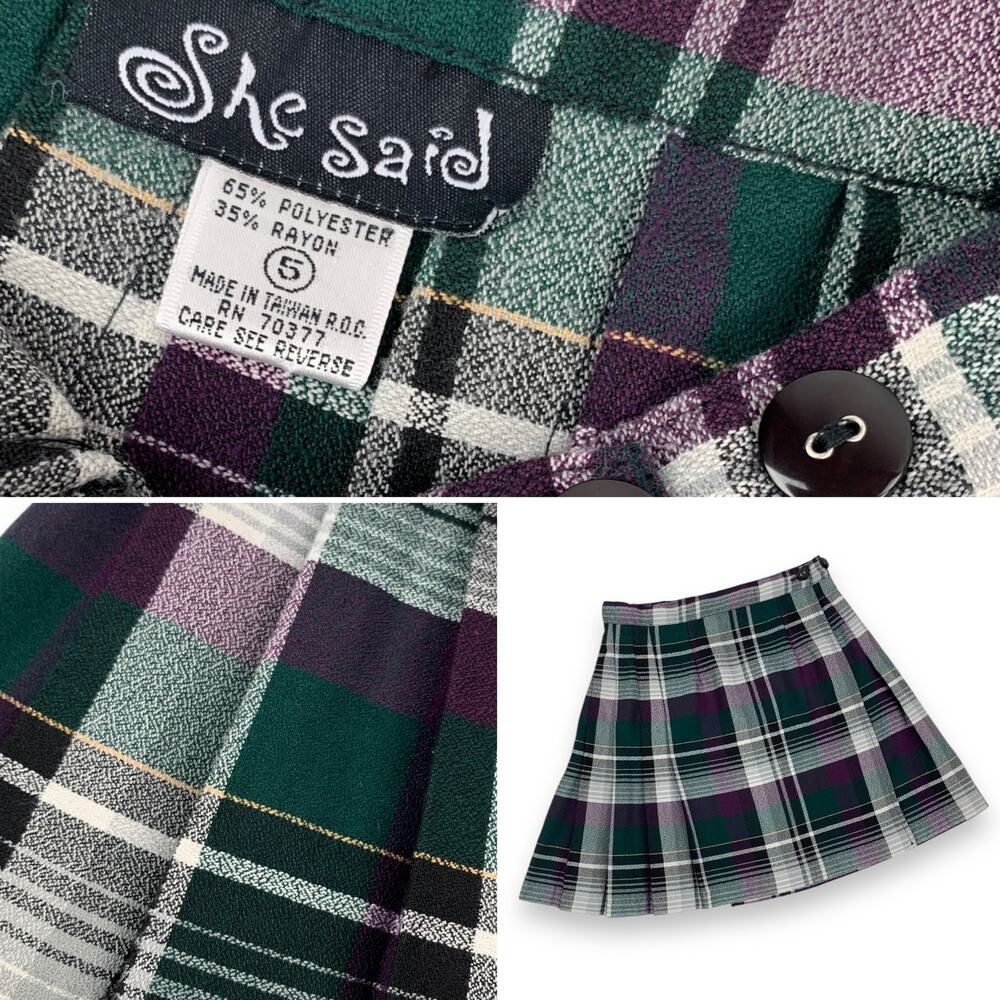 90's SHE SAID purple green pleated plaid school girl mini skirt - Picture 13 of 13